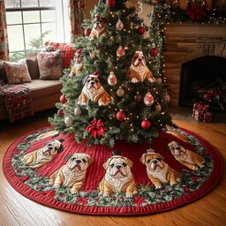 Bulldog Holly Nights Quilted Christmas Tree Skirt
