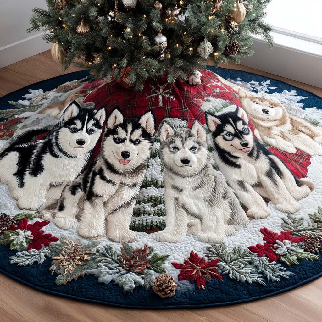 Christmas Husky Night v2 Christmas Quilted Tree Skirt