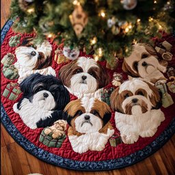 Sweet Shih Tzu Christmas Quilted Tree Skirt