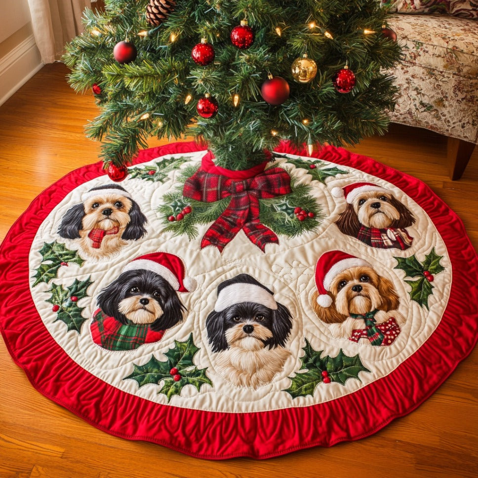 Cozy Shih Tzu Christmas Quilted Tree Skirt