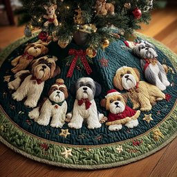 Joyful Shih Tzu Christmas Quilted Tree Skirt