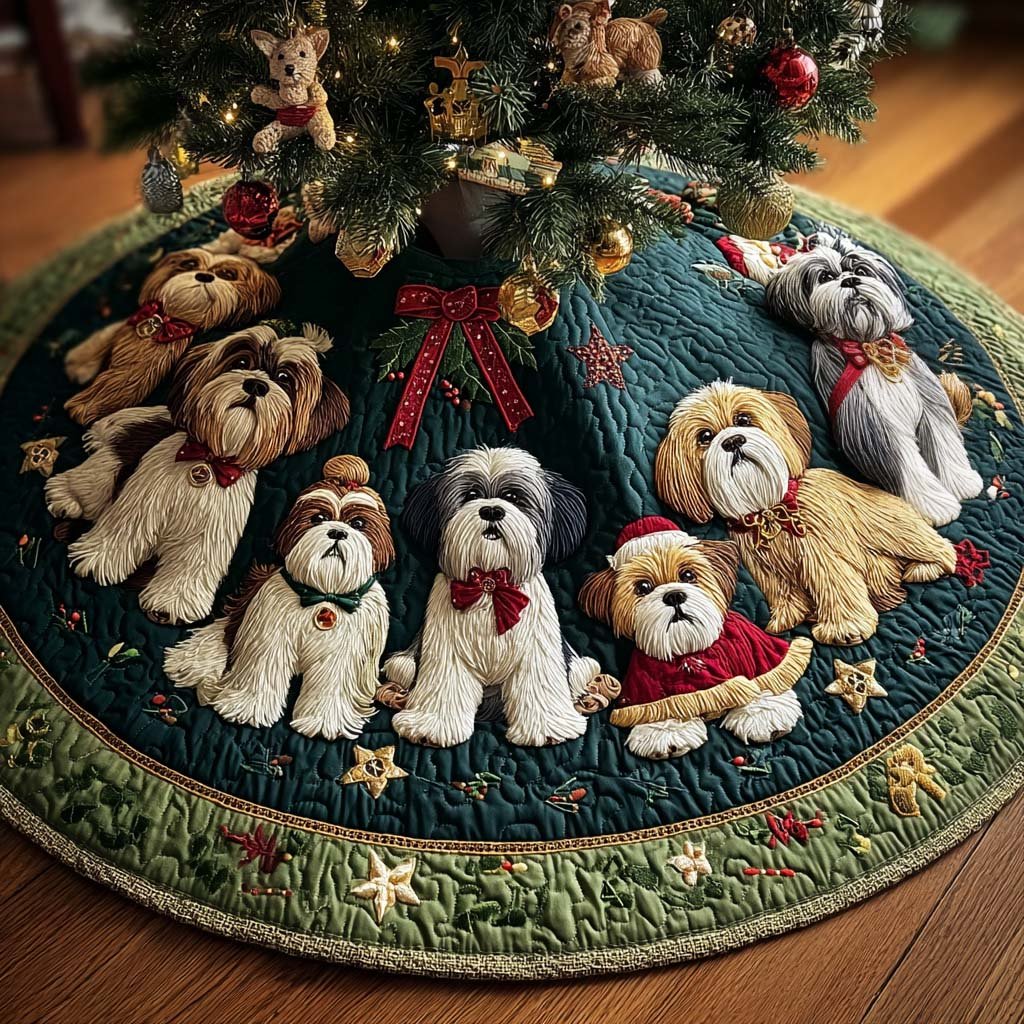 Joyful Shih Tzu Christmas Quilted Tree Skirt
