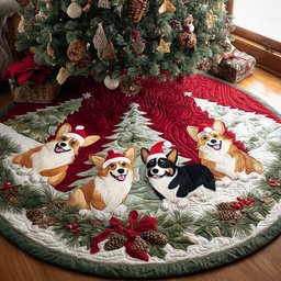 Santa Corgi Helper Quilted Christmas Tree Skirt