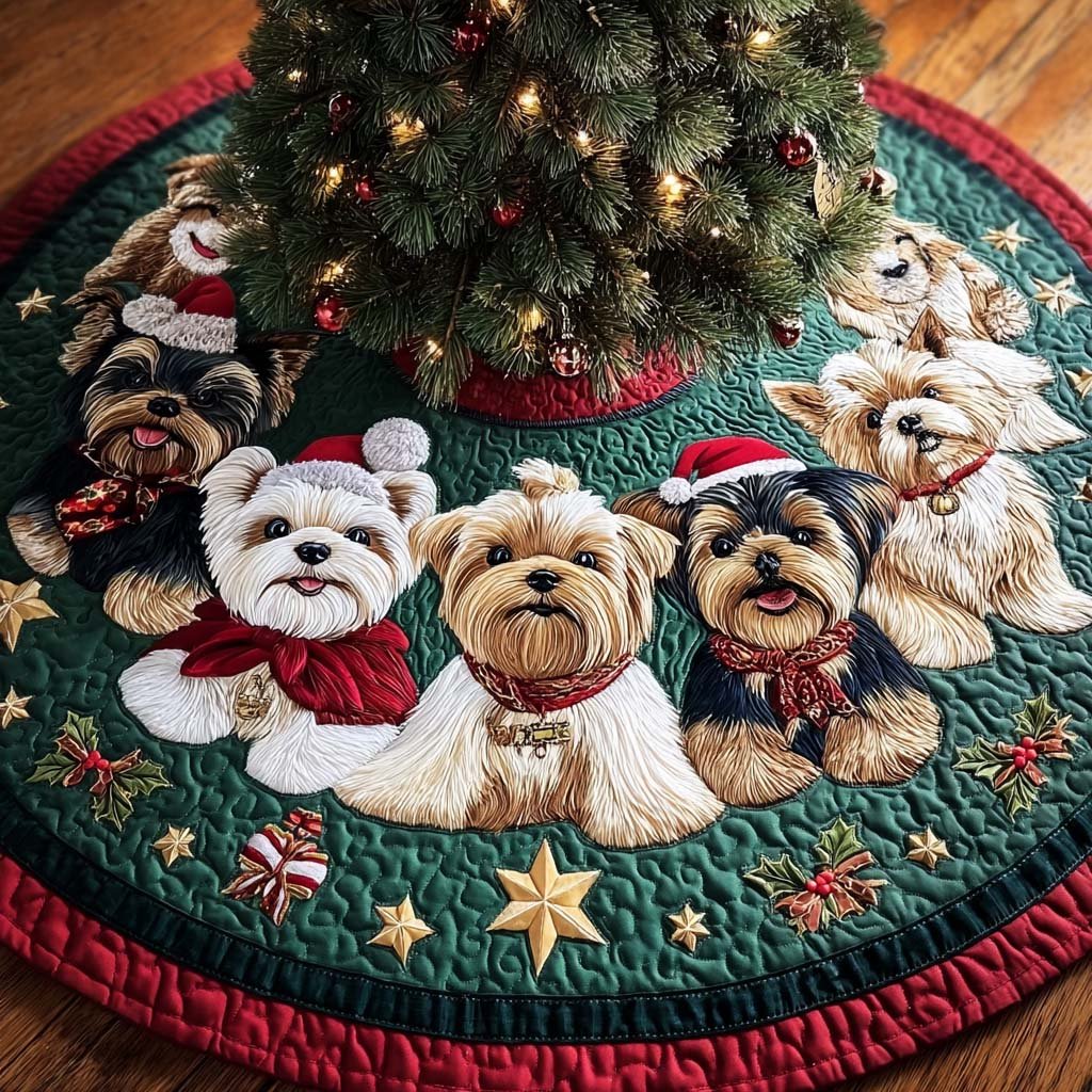 Yorkie Shine Christmas Quilted Tree Skirt