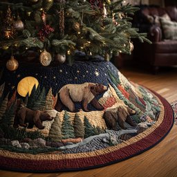 Midnight Bear Waltz Christmas Quilted Tree Skirt