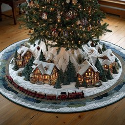 Christmas Village Festive Train Quilted Christmas Tree Skirt