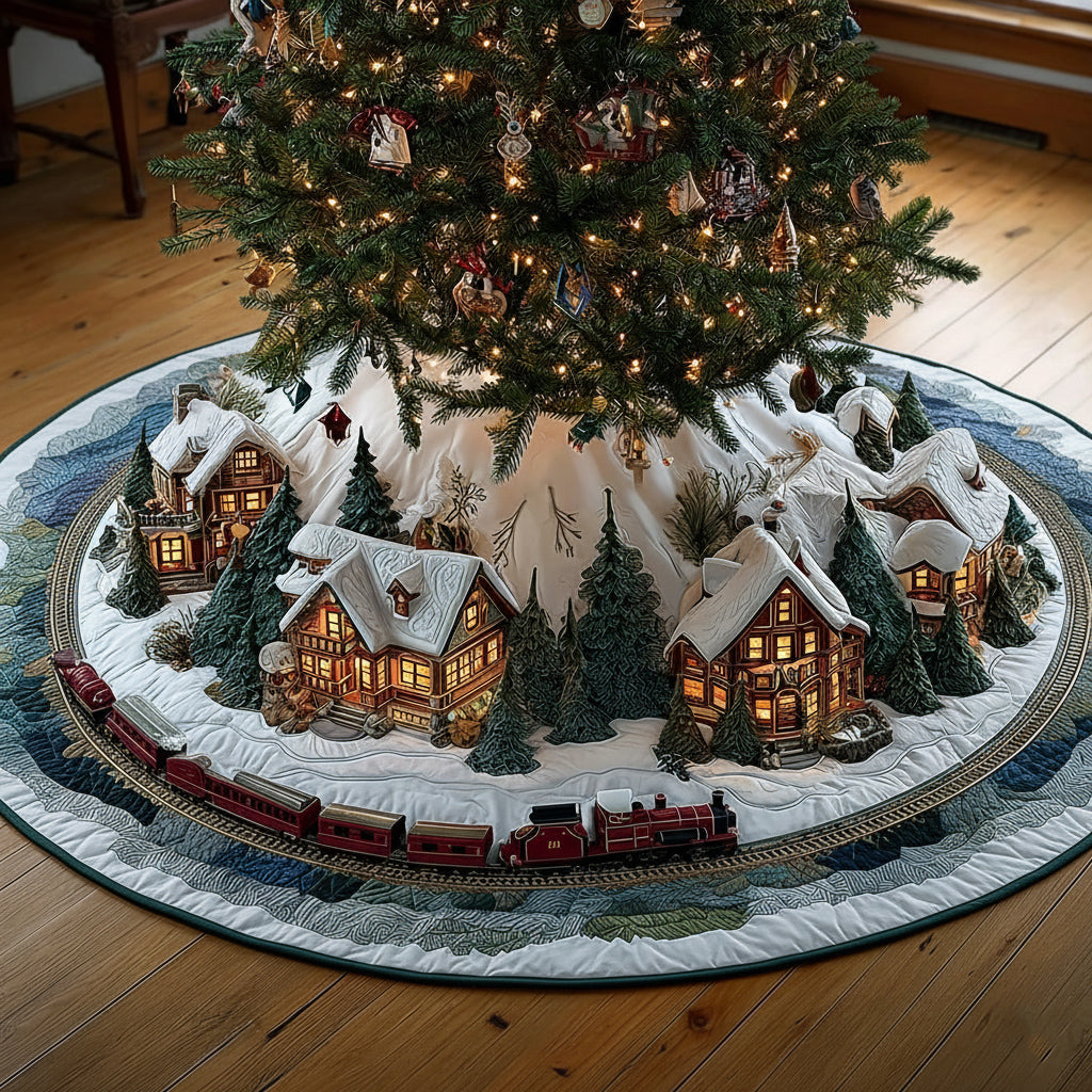 Christmas Village Festive Train Quilted Christmas Tree Skirt