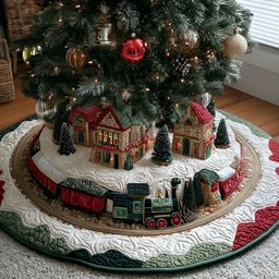 Caroling Caboose Christmas Quilted Tree Skirt
