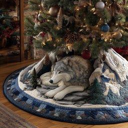 Winter Wolf Hideaway Christmas Quilted Tree Skirt