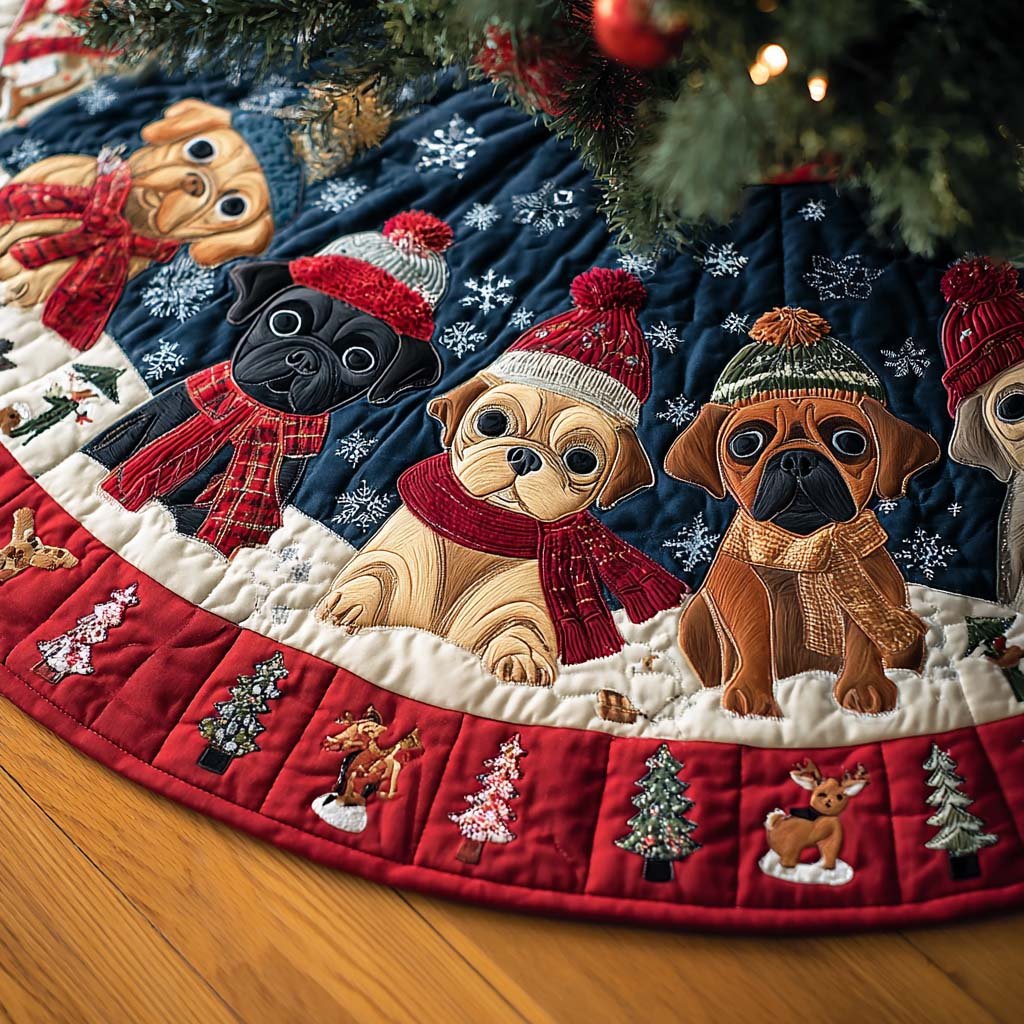 Pug Delight Christmas Quilted Tree Skirt