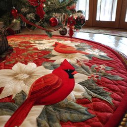 Frosted Cardinal Quilted Christmas Tree Skirt