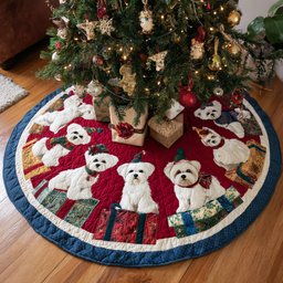 Festive Maltese Gifts Quilted Christmas Tree Skirt