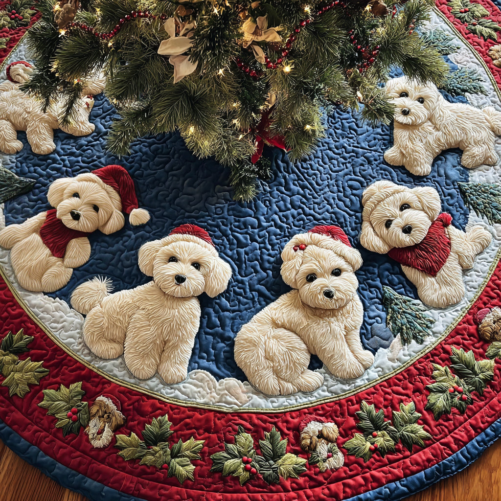 Vintage Maltese Trim Quilted Christmas Tree Skirt
