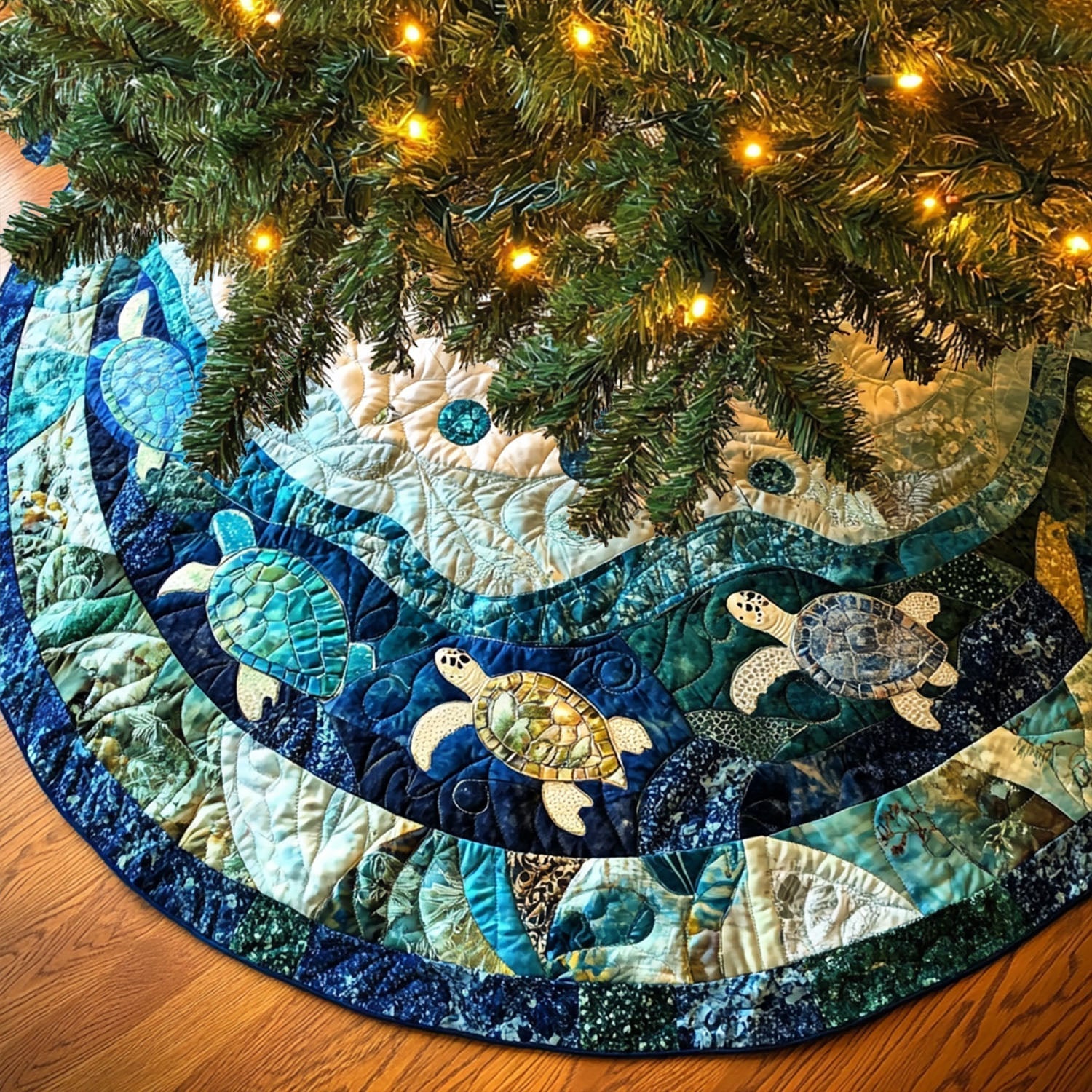Coral Turtle Quilted Christmas Tree Skirt