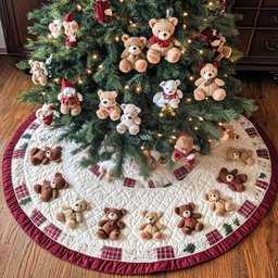 Cozy Bear Haven Christmas Quilted Tree Skirt