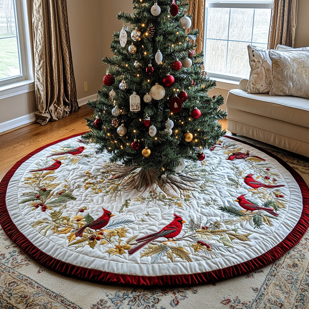 Cardinal Cheer Quilted Christmas Tree Skirt