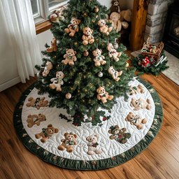 Festive Bear Gathering Christmas Quilted Tree Skirt