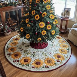 Golden Sunflower Christmas Quilted Tree Skirt