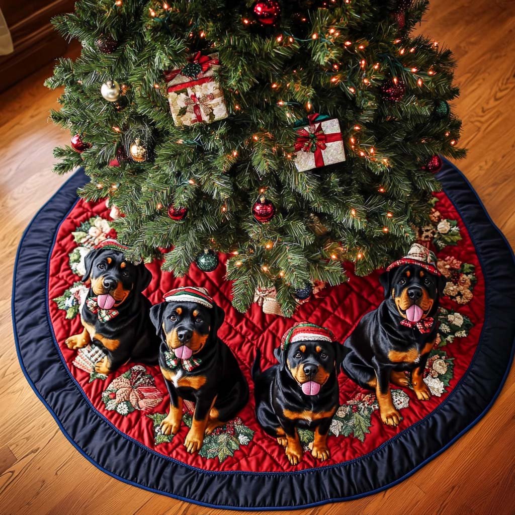 Joyful Rottweiler Christmas Quilted Tree Skirt