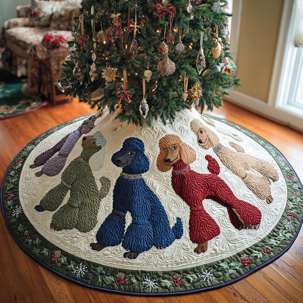 Frosty Poodle Dreams Quilted Christmas Tree Skirt