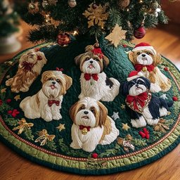 Charming Shih Tzu Christmas Quilted Tree Skirt