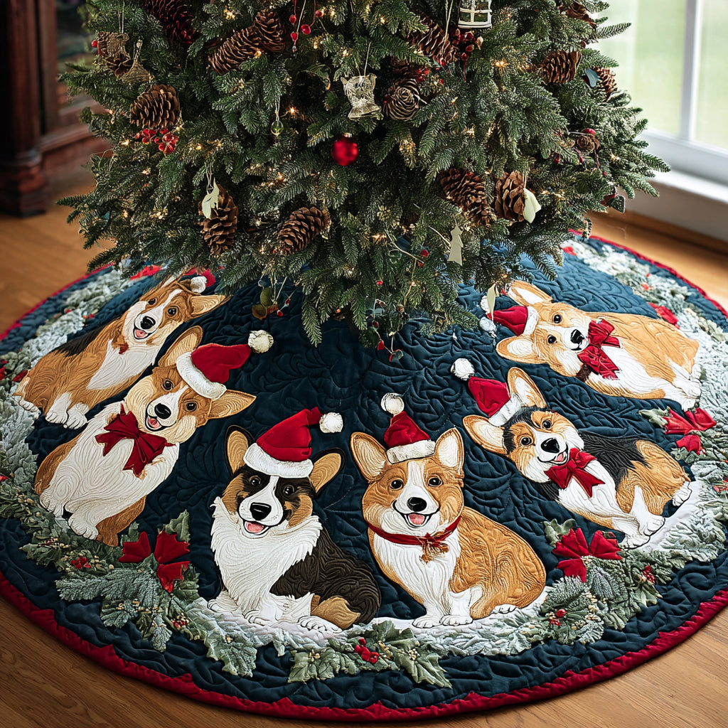 Snowy Corgi Cheer Quilted Christmas Tree Skirt