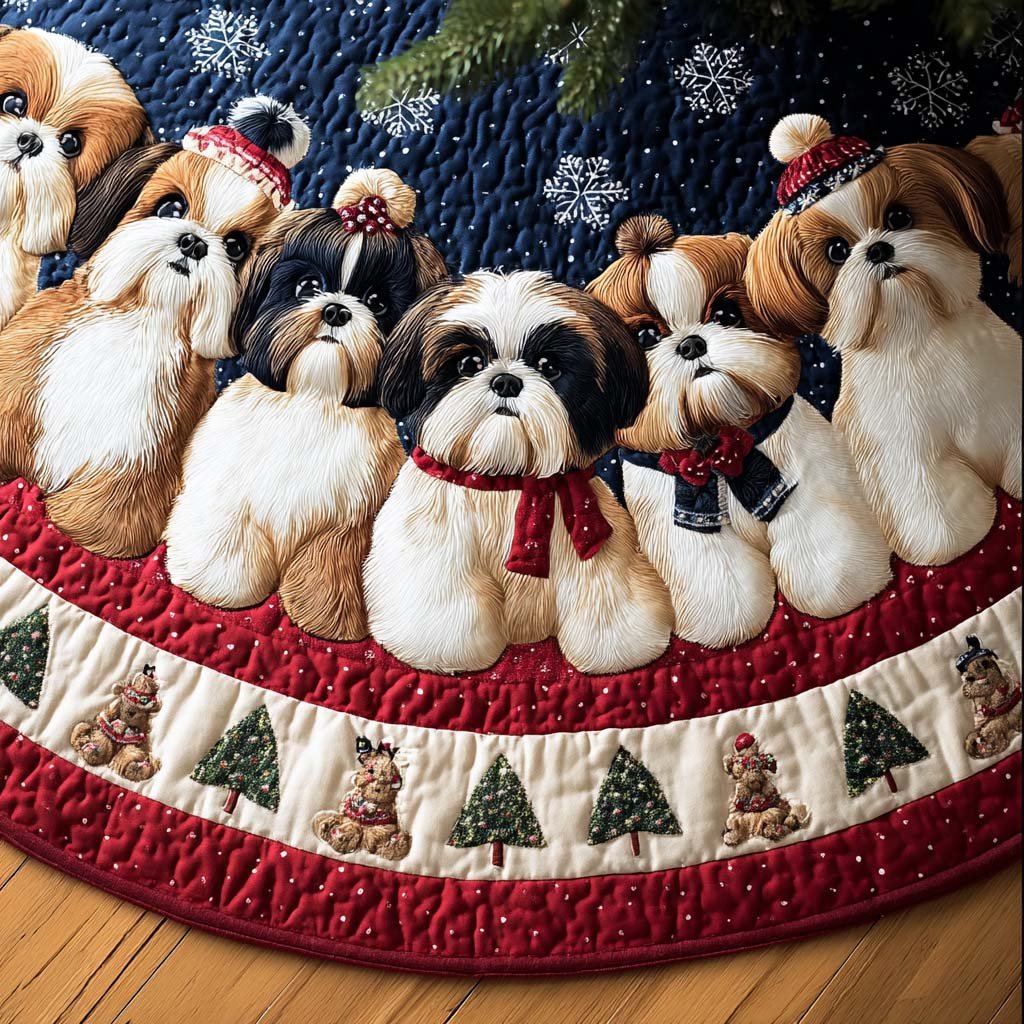 Happy Shih Tzu Christmas Quilted Tree Skirt