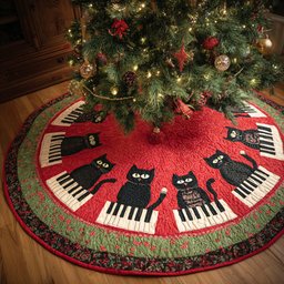 Rhythm Kitty Christmas Quilted Tree Skirt