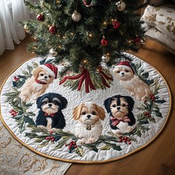 Winter Shih Tzu Christmas Quilted Tree Skirt