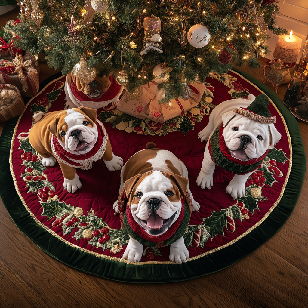 Merry Bulldog Night Quilted Christmas Tree Skirt