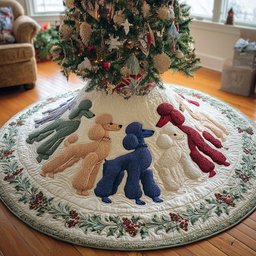 Merry Poodle Lights Quilted Christmas Tree Skirt