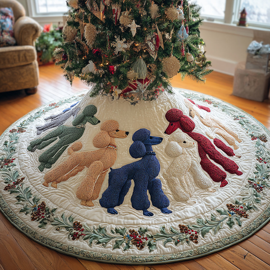 Merry Poodle Lights Quilted Christmas Tree Skirt
