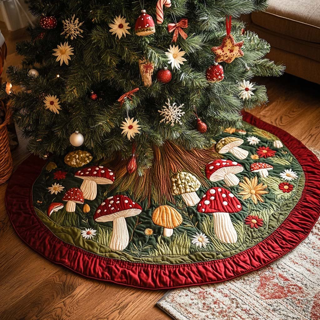 Mushroom Field Christmas Quilted Tree Skirt