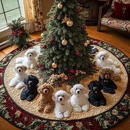 Snowy Poodle Glow Quilted Christmas Tree Skirt