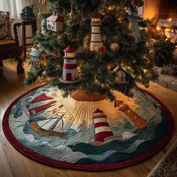 Lighthouse Coastal Glow Christmas Quilted Tree Skirt