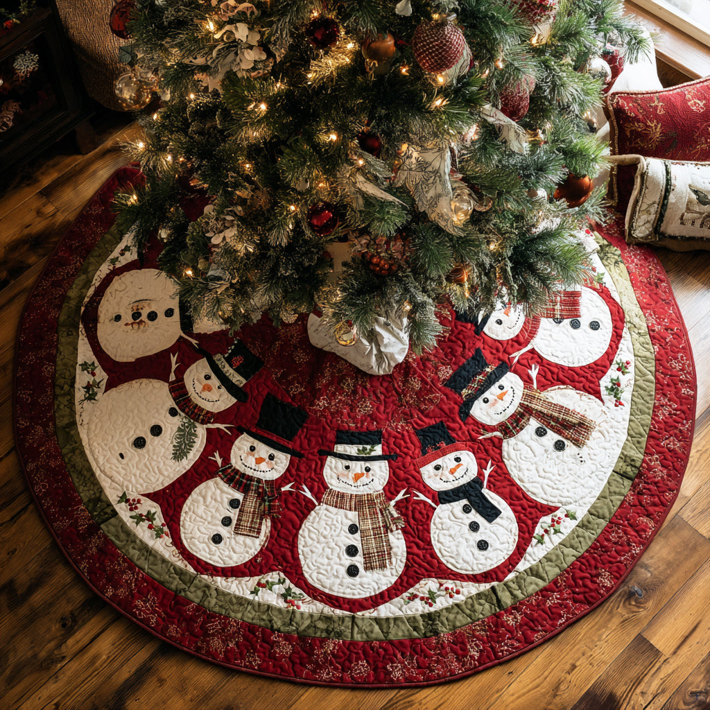 Scarlet Snowman Quilted Christmas Tree Skirt