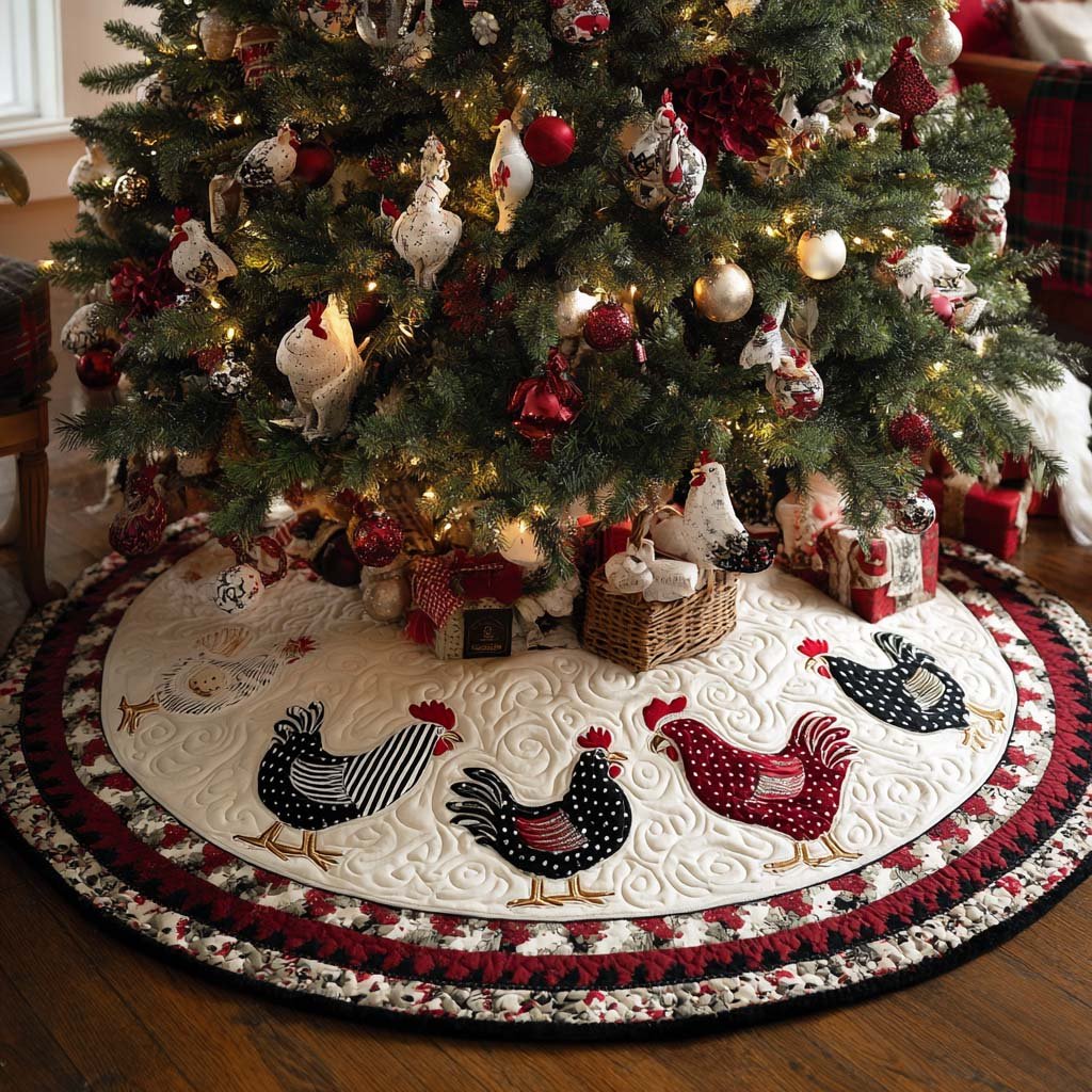 Hen Harmony Christmas Quilted Tree skirt