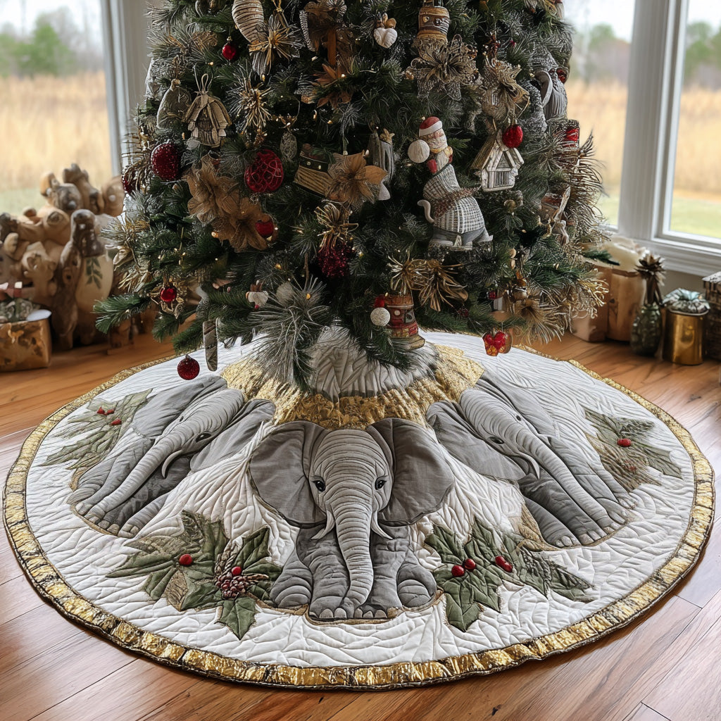 Snowy Elephants Quilted Christmas Tree Skirt