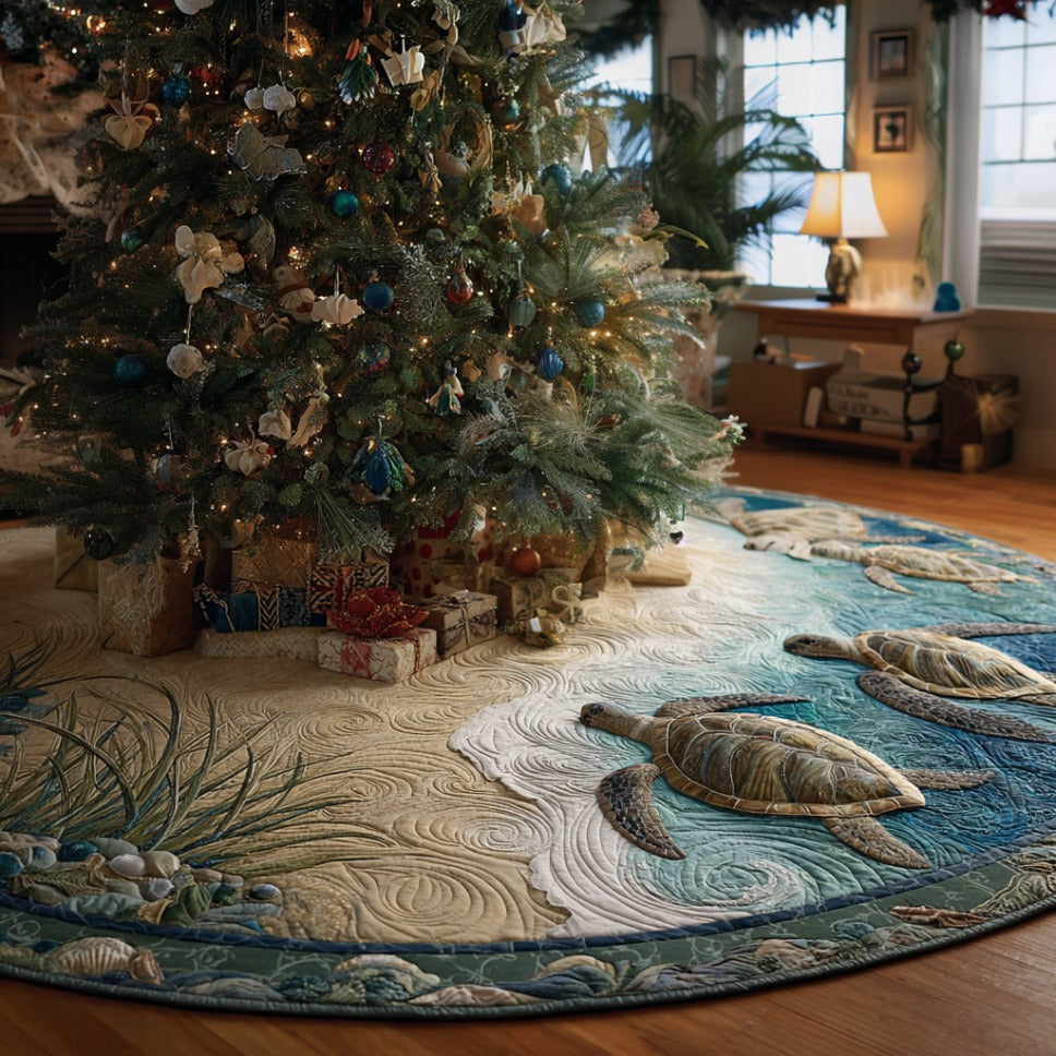 Coastal Harmony Turtle Christmas Quilted Tree Skirt