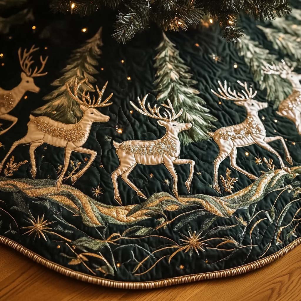 Reindeer Journey Christmas Quilted Tree Skirt