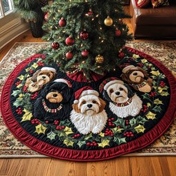 Snowy Shih Tzu Christmas Quilted Tree Skirt