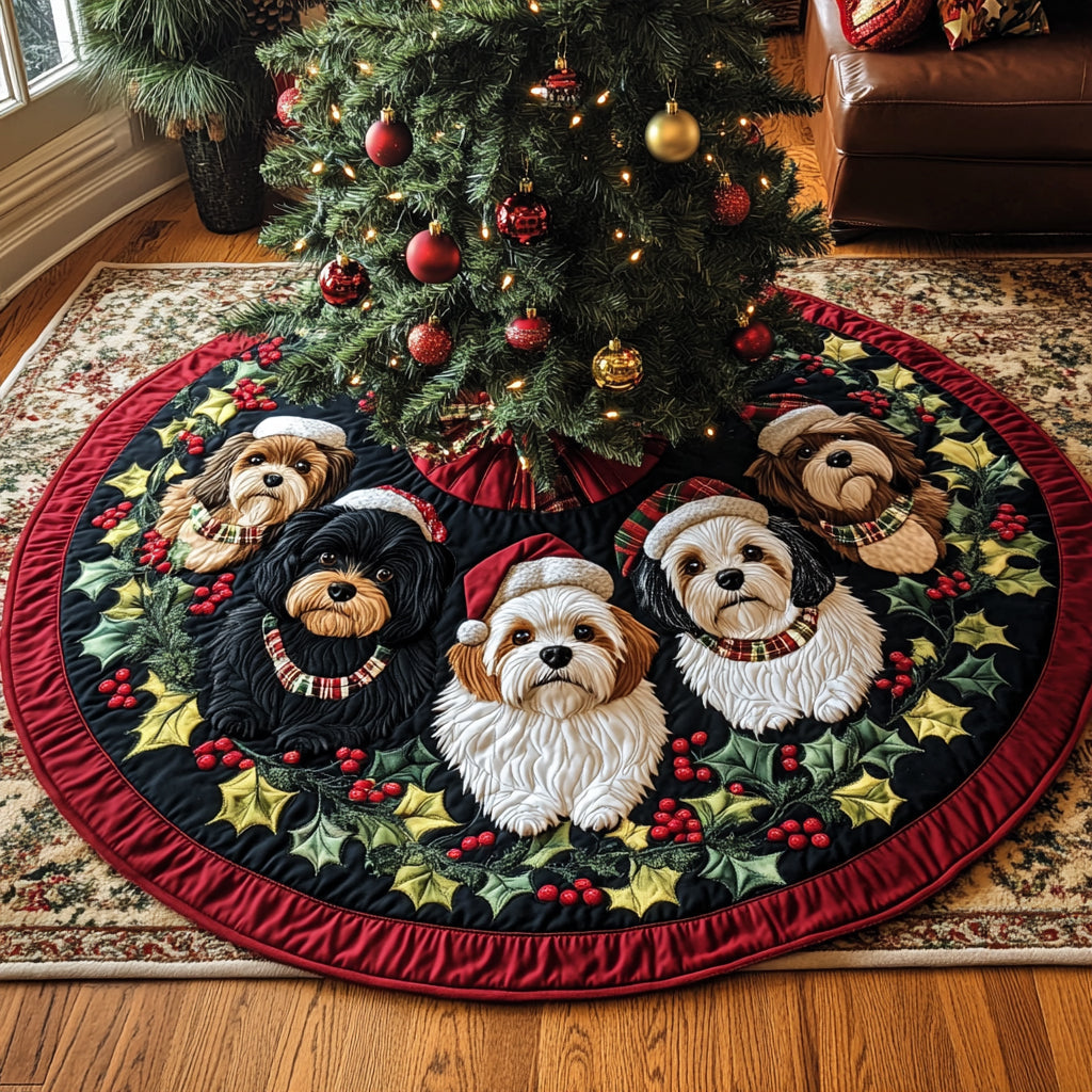 Snowy Shih Tzu Christmas Quilted Tree Skirt