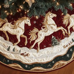 Unicorns in Snow Christmas Quilted Tree Skirt
