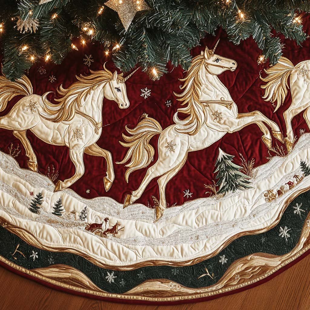Unicorns in Snow Christmas Quilted Tree Skirt