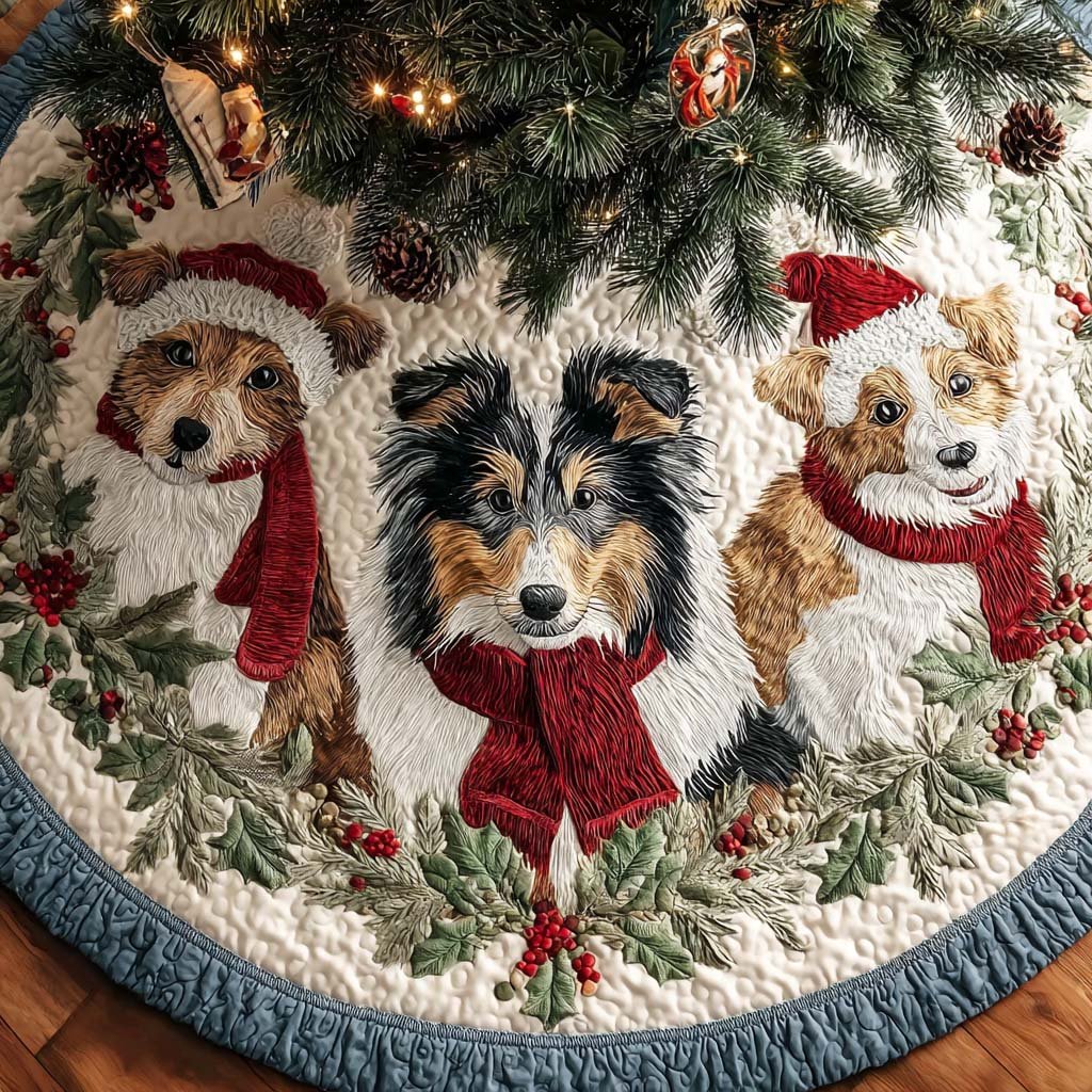 Shetland Sheepdogs Joy Christmas Quilted Tree Skirt