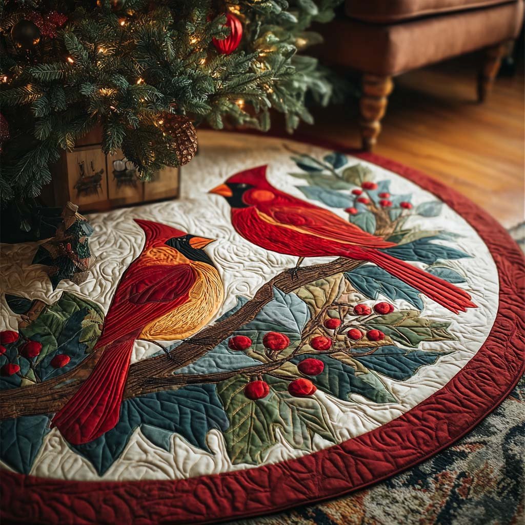 Cardinal Nest Christmas Quilted Tree Skirt
