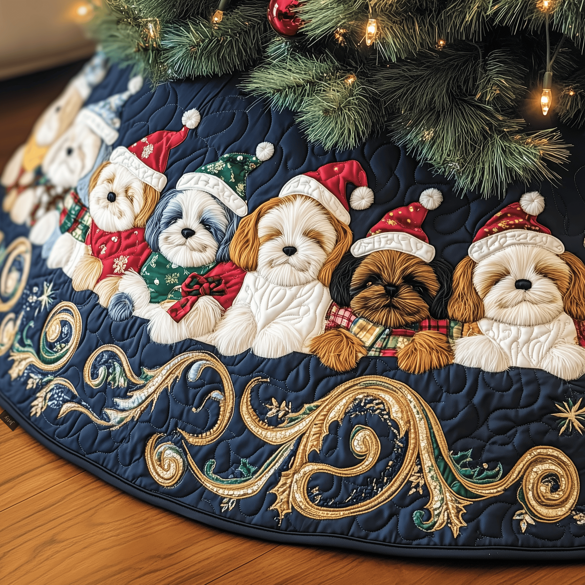 Adorable Christmas Shih Tzu Quilted Tree Skirt Merch For Family