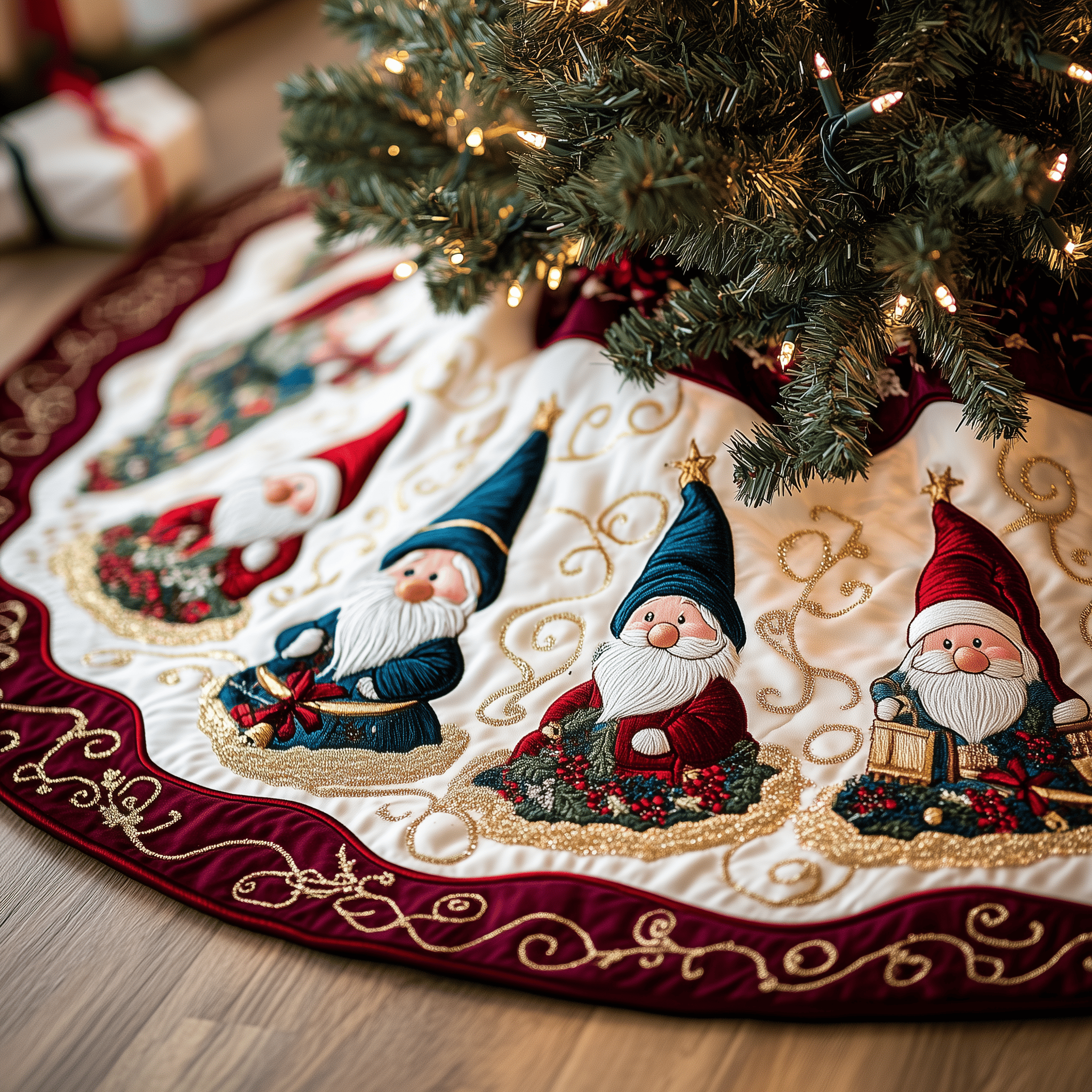 Cheerful Gnomes Quilted Tree Skirt Joyful Holiday Season Gift Merch