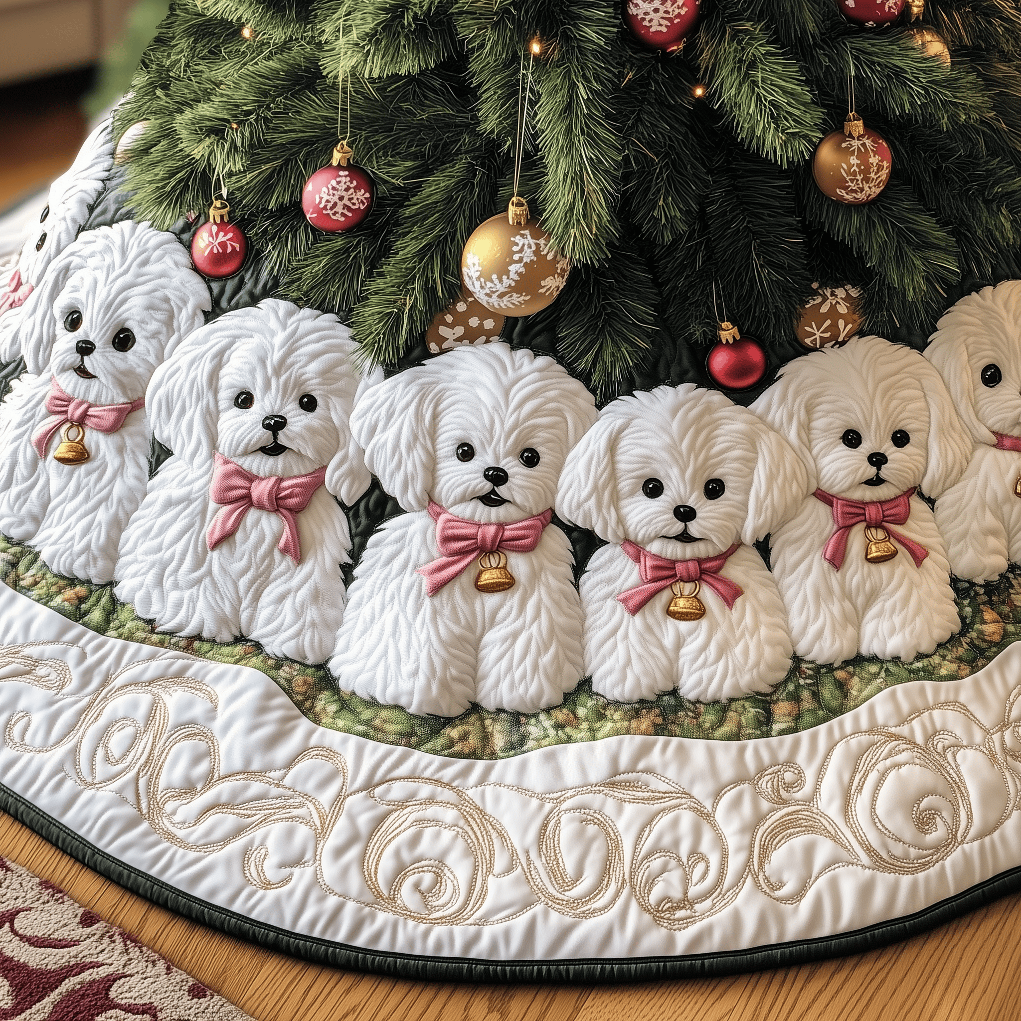 Christmas Bichon Frise Quilted Tree Skirt Father�s Day Merch Gift