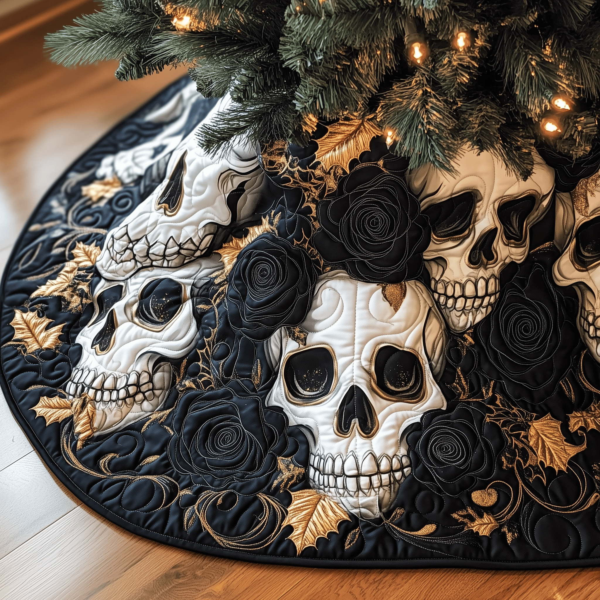 Christmas Black Rose Skull Quilted Tree Skirt Spring Merch Pick